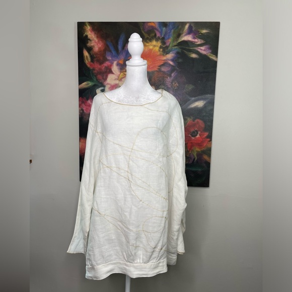 Cynthia Ashby Tops - Cynthia Ashby White Linen Cream Abstract Art Stitch Oversized Tunic XL Retail219